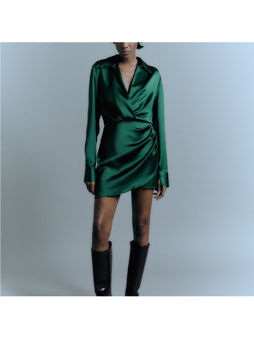 Zara emerald green satin faux wrap mini dress